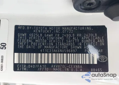 2022 Toyota Camry Le Hybrid z USA, uszkodzony, nr VIN 4T1C31AK6NU596897